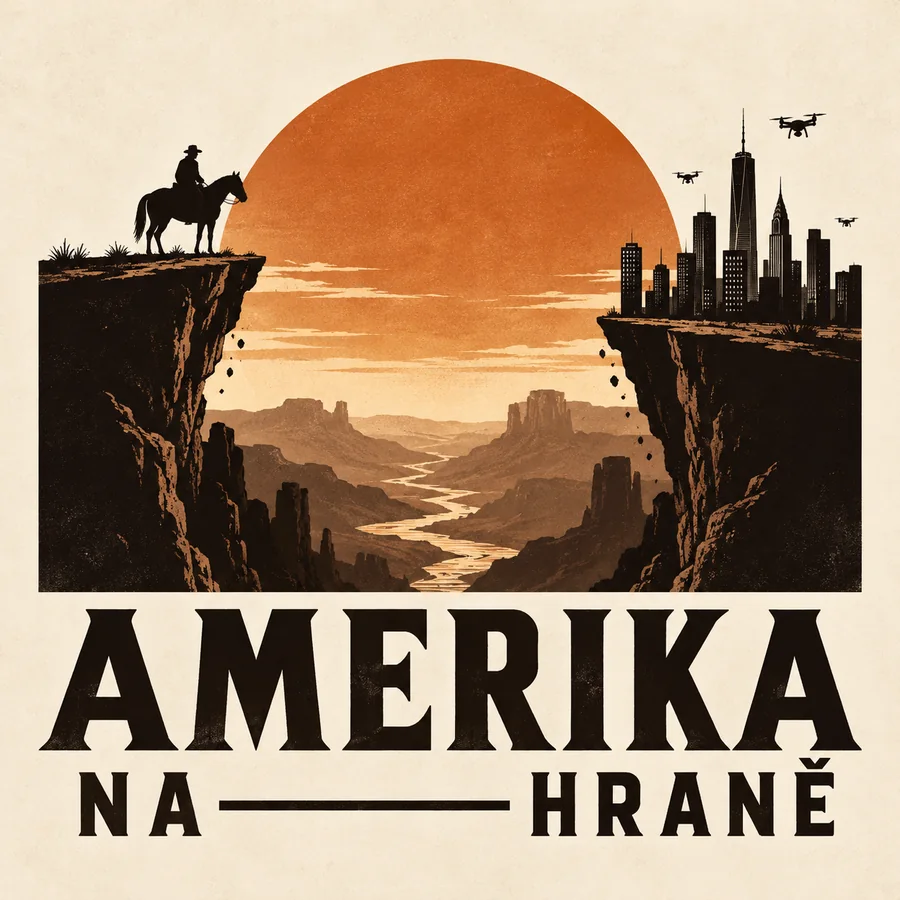 Logo Amerika na hraně: jezdec na koni na jedné straně propasti, dnešní velkoměsto na druhé.